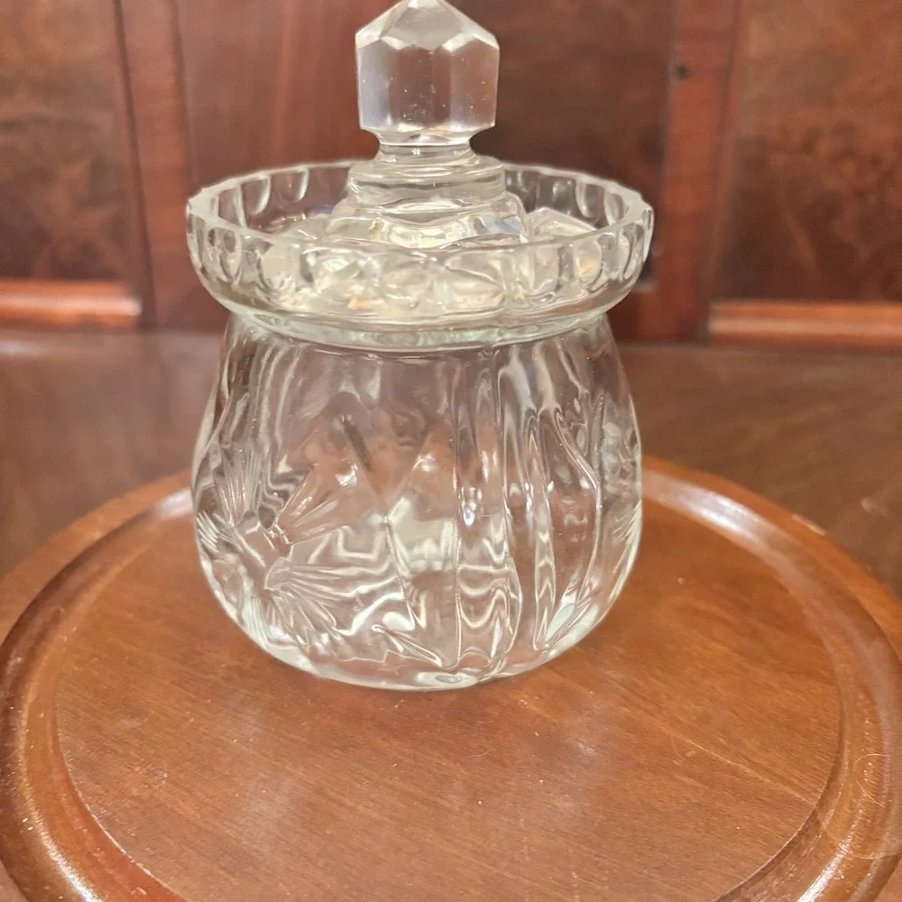 Vintage Clear Pressed Glass Mustard Condiment Jar Floral Starburst